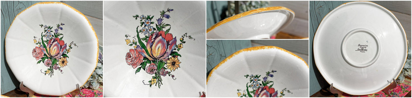 French Ironstone Hand-Painted Cake Plate DIGOIN SARREGUEMINES FRANCE Lorraine decor a la main red tulips pattern Terre de Fer