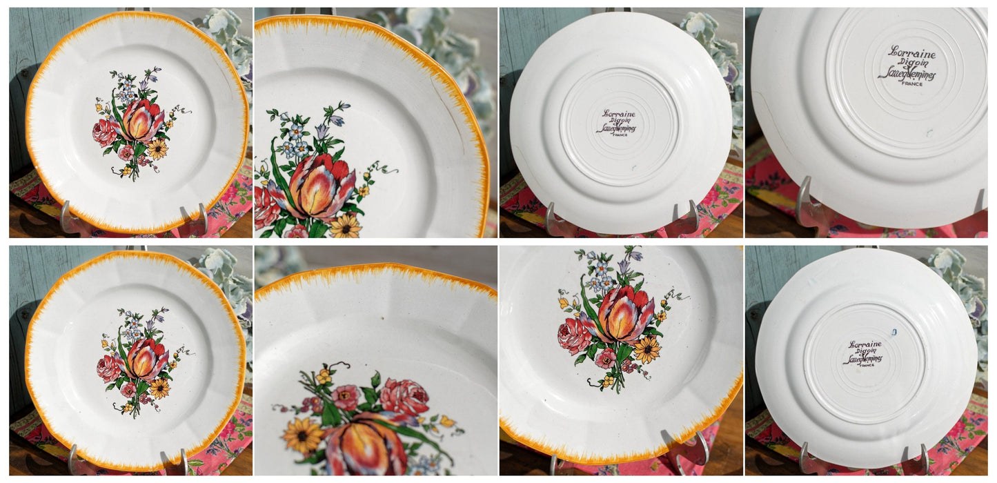 French Ironstone Hand-Painted Cake Plate DIGOIN SARREGUEMINES FRANCE Lorraine decor a la main red tulips pattern Terre de Fer