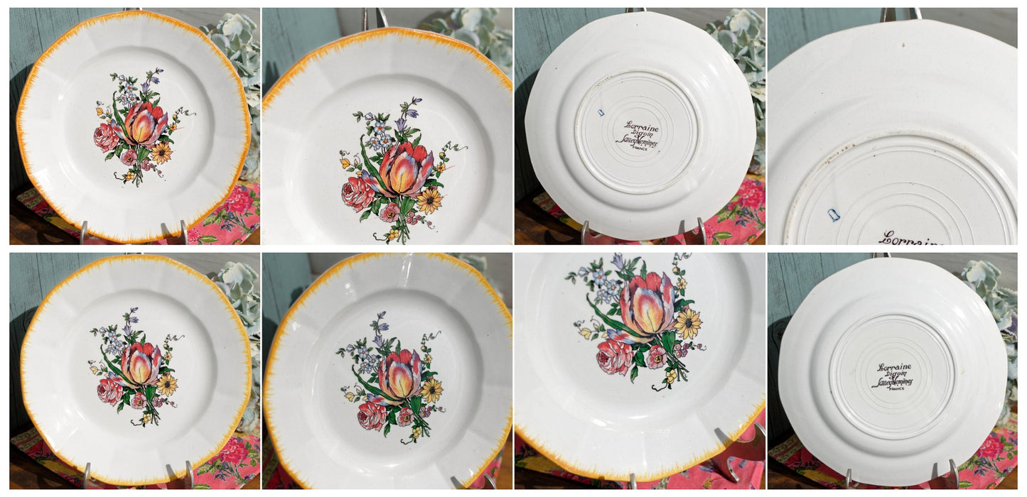 French Ironstone Hand-Painted Cake Plate DIGOIN SARREGUEMINES FRANCE Lorraine decor a la main red tulips pattern Terre de Fer