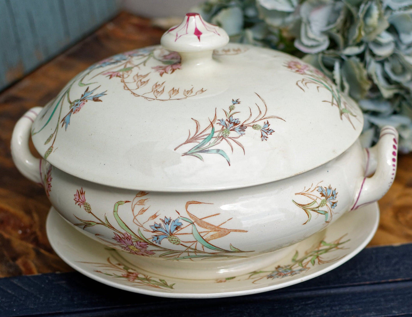 French Antique Ironstone Soup Tureen w/ Serving Plate BLEUET Motif K&G (Keller et Guérin) Lunéville Terre de Fer