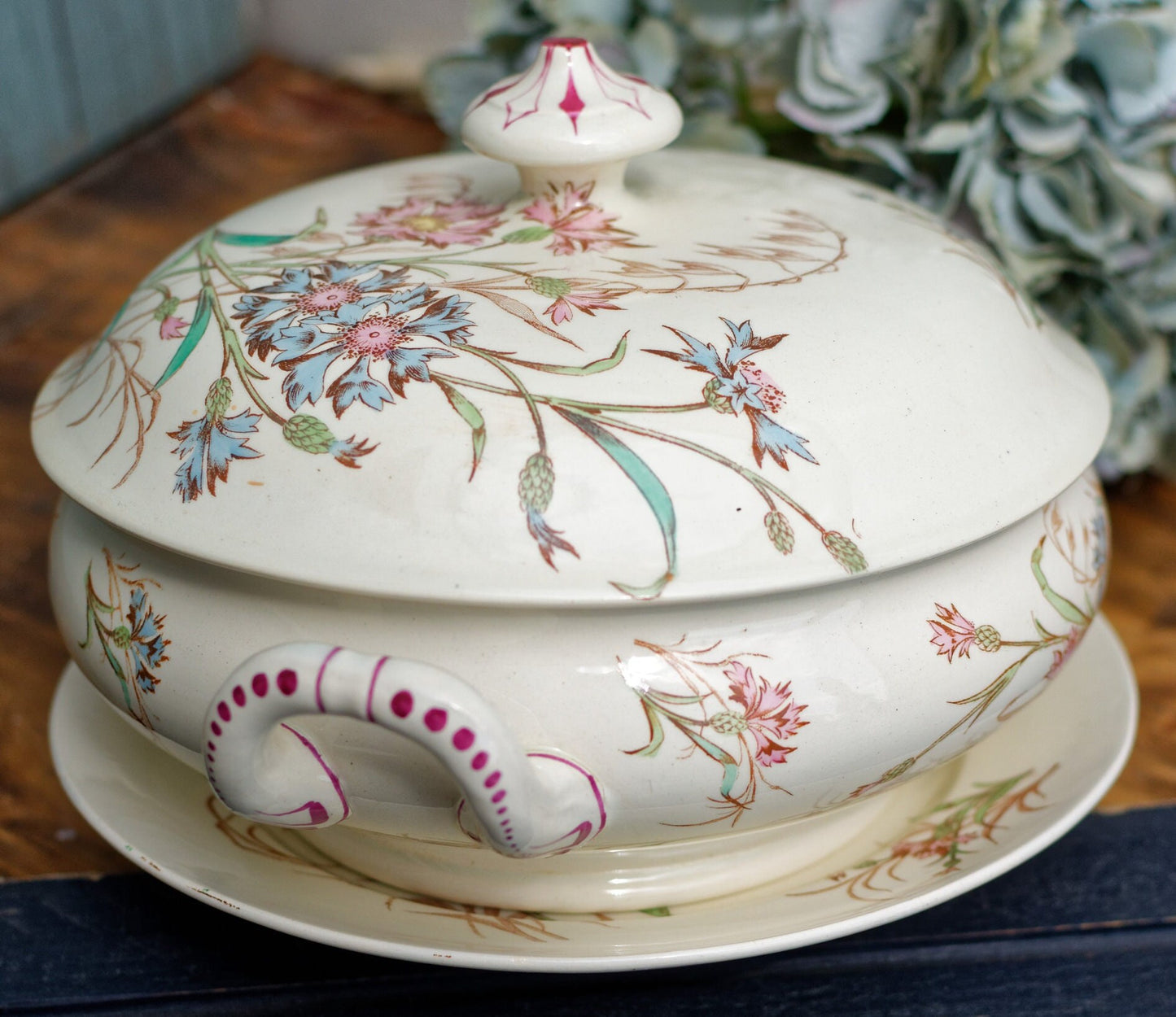 French Antique Ironstone Soup Tureen w/ Serving Plate BLEUET Motif K&G (Keller et Guérin) Lunéville Terre de Fer