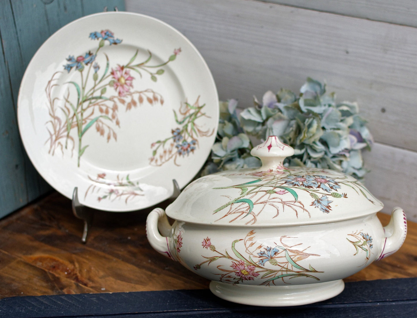 French Antique Ironstone Soup Tureen w/ Serving Plate BLEUET Motif K&G (Keller et Guérin) Lunéville Terre de Fer