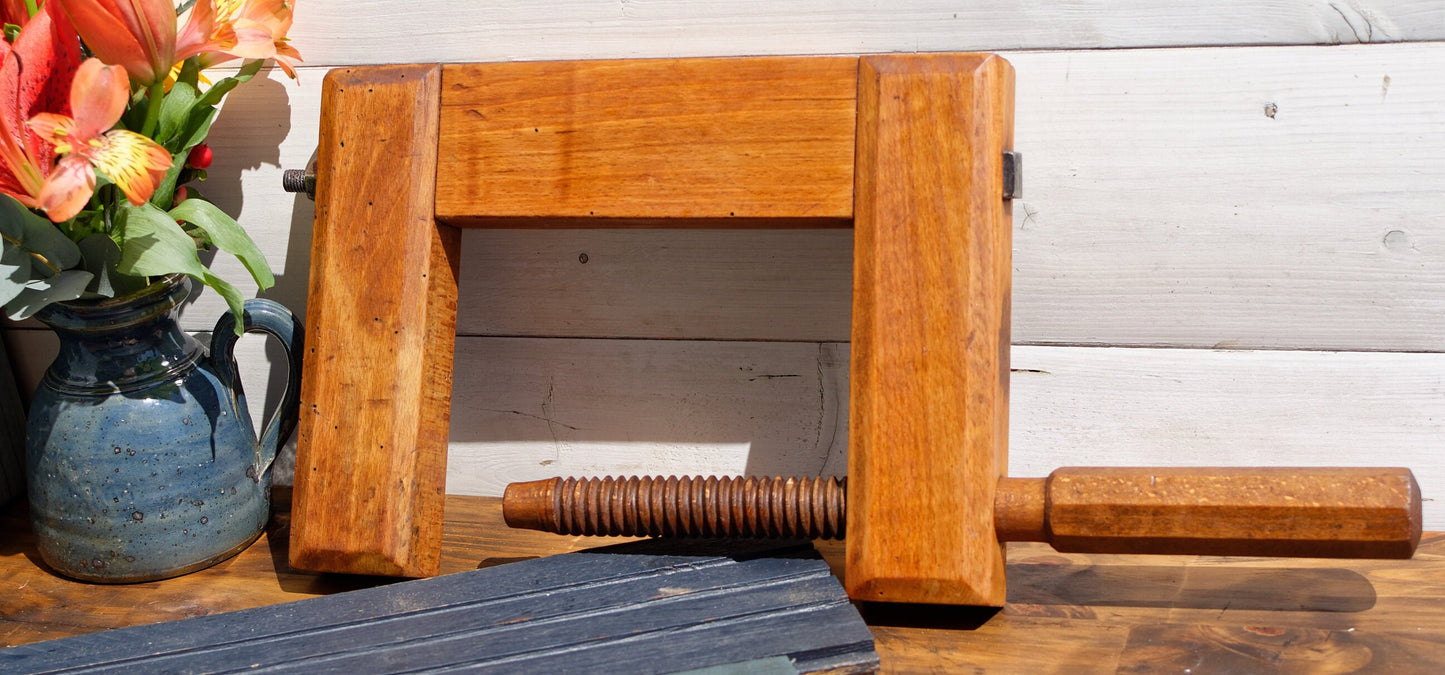 1900s ~ Library C Clamp ~ French Antique Large Wooden Clamp ~ Screw Press ~ Vice ~ Joinery Tool