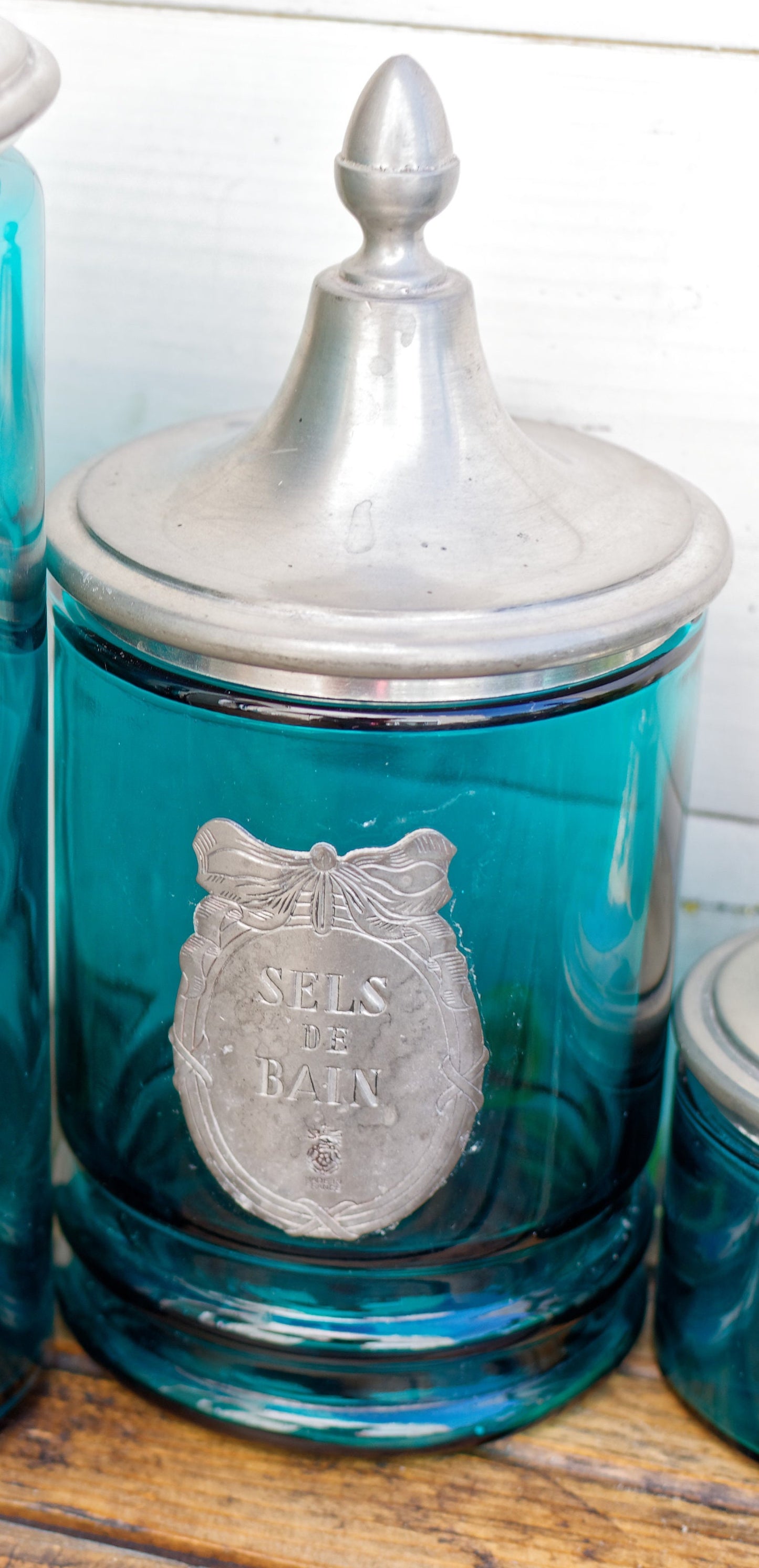 1970s ~ Maison de l'Etain Rose Design ~ French Vintage Bathroom Blue Glass Engraved Pewter Toiletry Service ~ Etains à la Rose