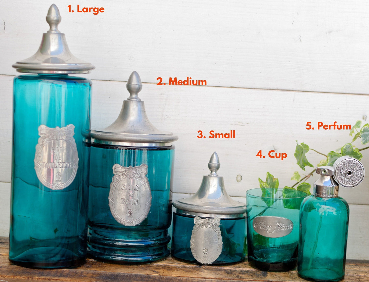 1970s ~ Maison de l'Etain Rose Design ~ French Vintage Bathroom Blue Glass Engraved Pewter Toiletry Service ~ Etains à la Rose