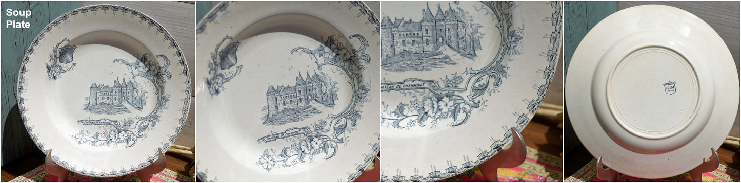 1890s/1900s ~ Creil Montereau "Chateaux avec Armoires" Theme ~ French Antique Transferware Plate ~ Terre de Fer ~ Faïencerie