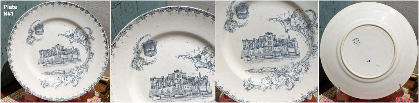 1890s/1900s ~ Creil Montereau "Chateaux avec Armoires" Theme ~ French Antique Transferware Plate ~ Terre de Fer ~ Faïencerie