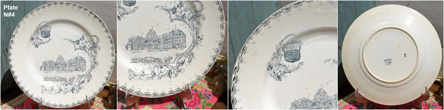 1890s/1900s ~ Creil Montereau "Chateaux avec Armoires" Theme ~ French Antique Transferware Plate ~ Terre de Fer ~ Faïencerie