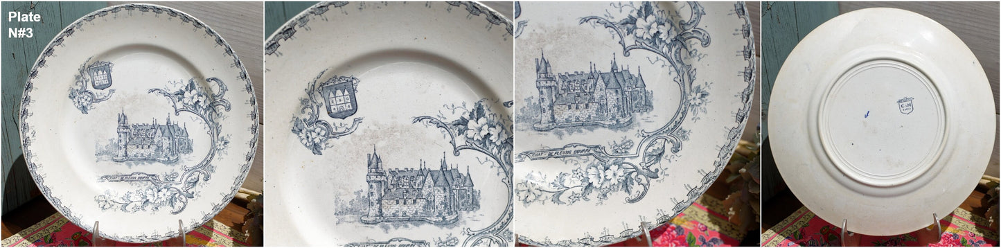 1890s/1900s ~ Creil Montereau "Chateaux avec Armoires" Theme ~ French Antique Transferware Plate ~ Terre de Fer ~ Faïencerie