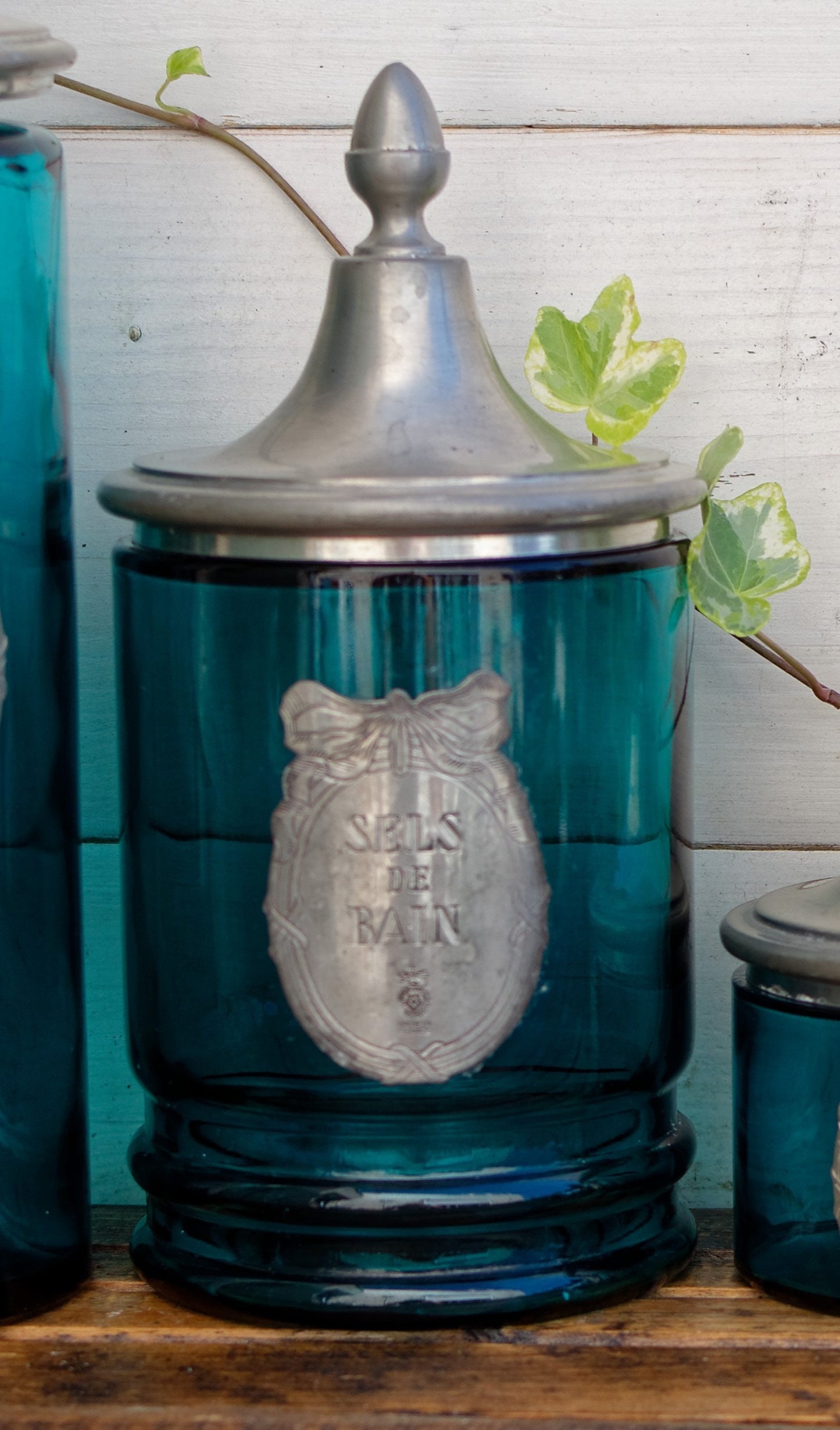 1970s ~ Maison de l'Etain Rose Design ~ French Vintage Bathroom Blue Glass Engraved Pewter Toiletry Service ~ Etains à la Rose