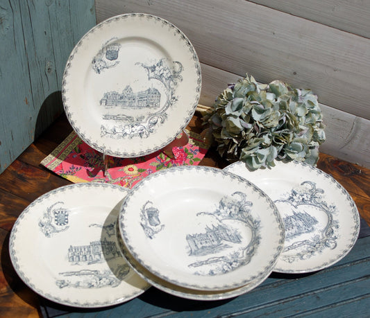 1890年代/1900年代~クレイユ・モントレ「シャトー・アヴェック・アルモワール」のテーマ~フランスアンティークトランスファーウェアプレート~テール・ド・フェール~ファイアンスリー