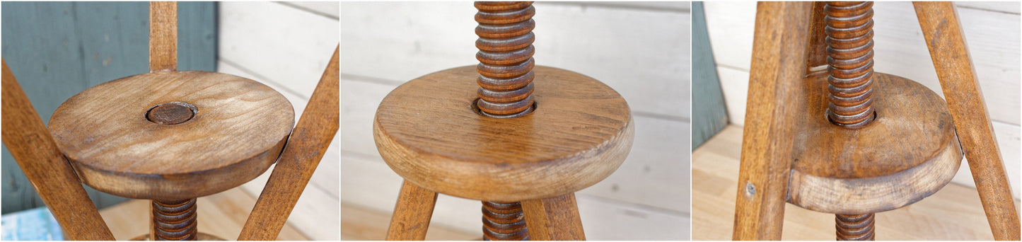 French Vintage Wooden Adjustable Screw Swirl Stool ~ Artists Workshop Stool ~ Three Legged Piano Stool ~ Farmhouse Milk Stool ~ Refinished