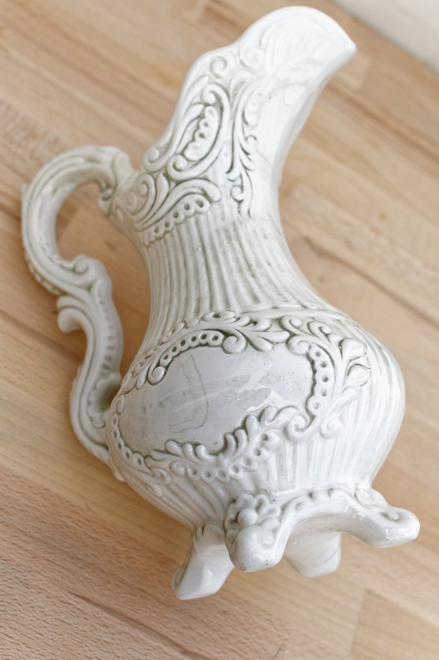 Italian Vintage Porcelain Capodimonte Handmade Footed Vase Pitcher with Embossed Floral Design