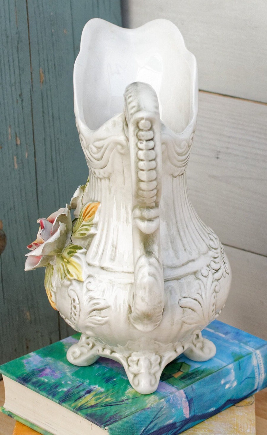 Italian Vintage Porcelain Capodimonte Handmade Footed Vase Pitcher with Embossed Floral Design