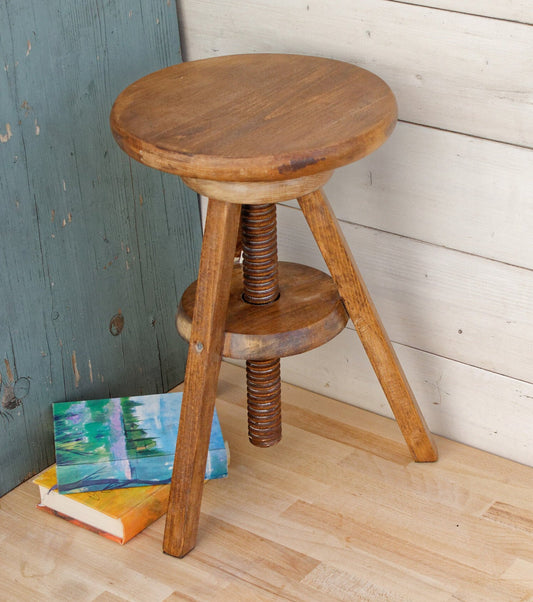 French Vintage Wooden Adjustable Screw Swirl Stool ~ Artists Workshop Stool ~ Three Legged Piano Stool ~ Farmhouse Milk Stool ~ Refinished