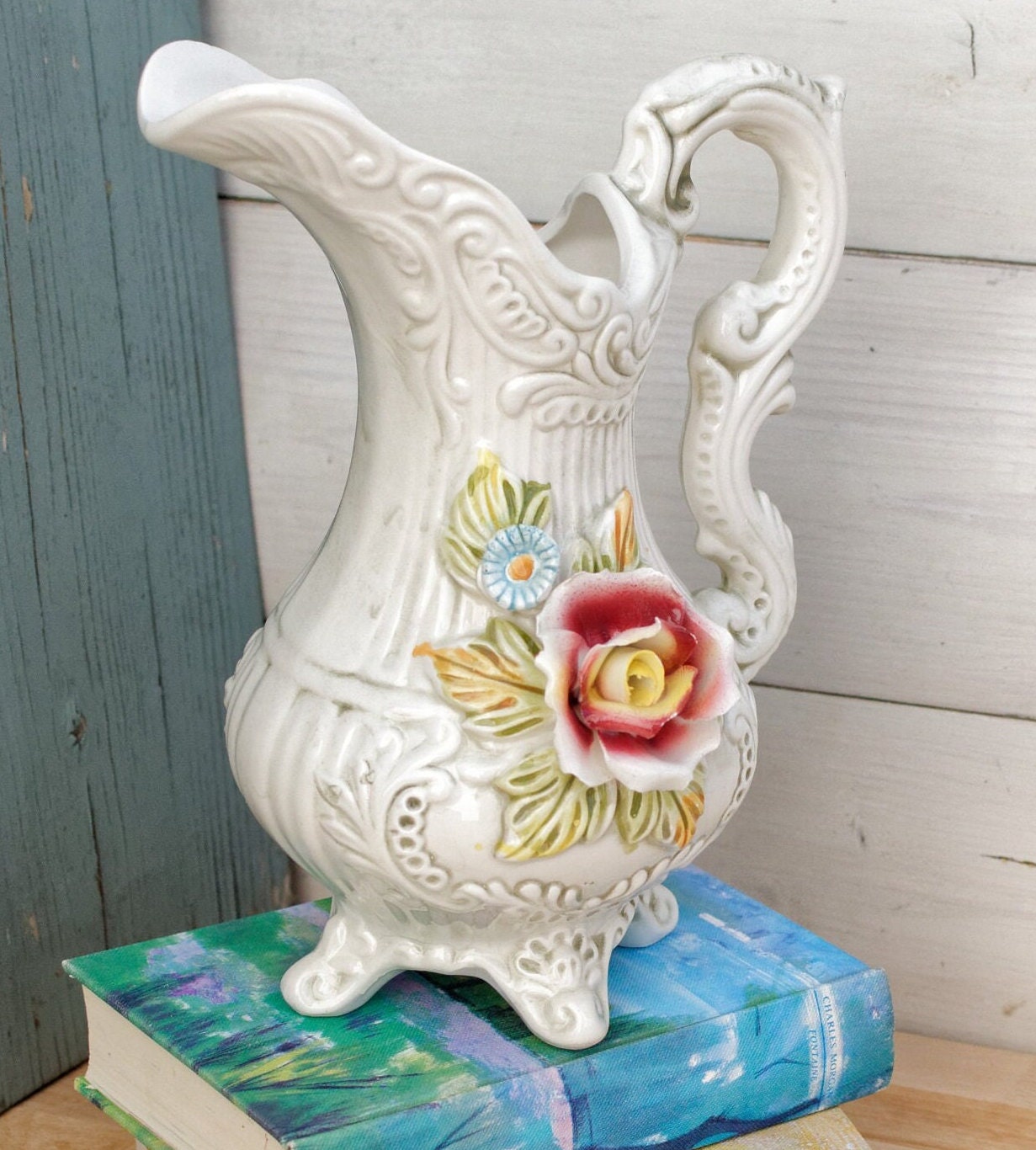 Italian Vintage Porcelain Capodimonte Handmade Footed Vase Pitcher with Embossed Floral Design