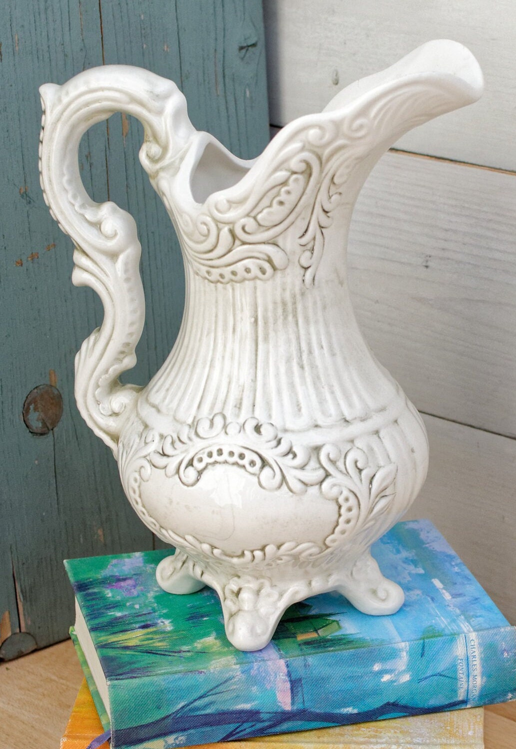Italian Vintage Porcelain Capodimonte Handmade Footed Vase Pitcher with Embossed Floral Design
