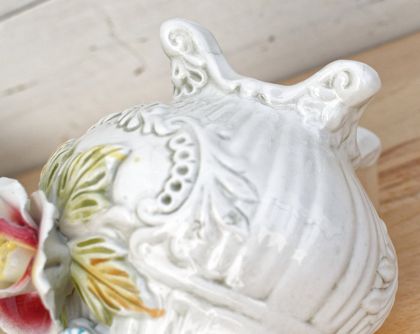 Italian Vintage Porcelain Capodimonte Handmade Footed Vase Pitcher with Embossed Floral Design
