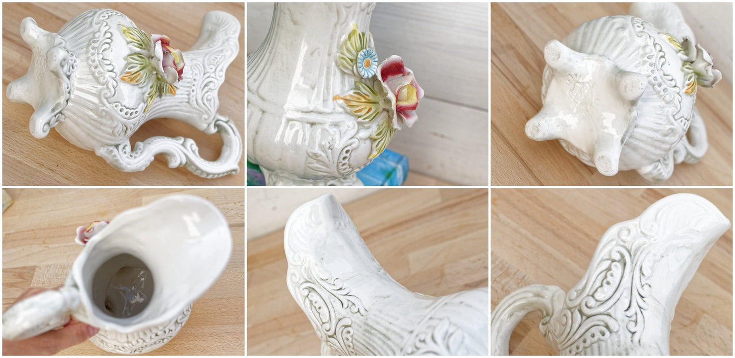 Italian Vintage Porcelain  Capodimonte  Handmade Footed Vase Pitcher with Embossed Floral Design