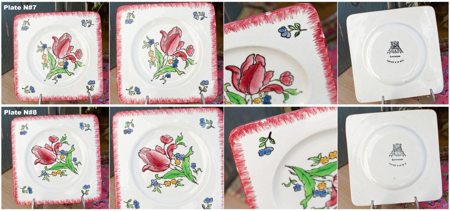 French Ironstone Hand-Painted Square Plate GIEN France Lorraine decor a la main red tulips pattern Terre de Fer
