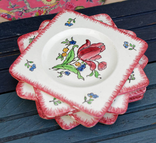 French Ironstone Hand-Painted Square Plate GIEN France Lorraine decor a la main red tulips pattern Terre de Fer