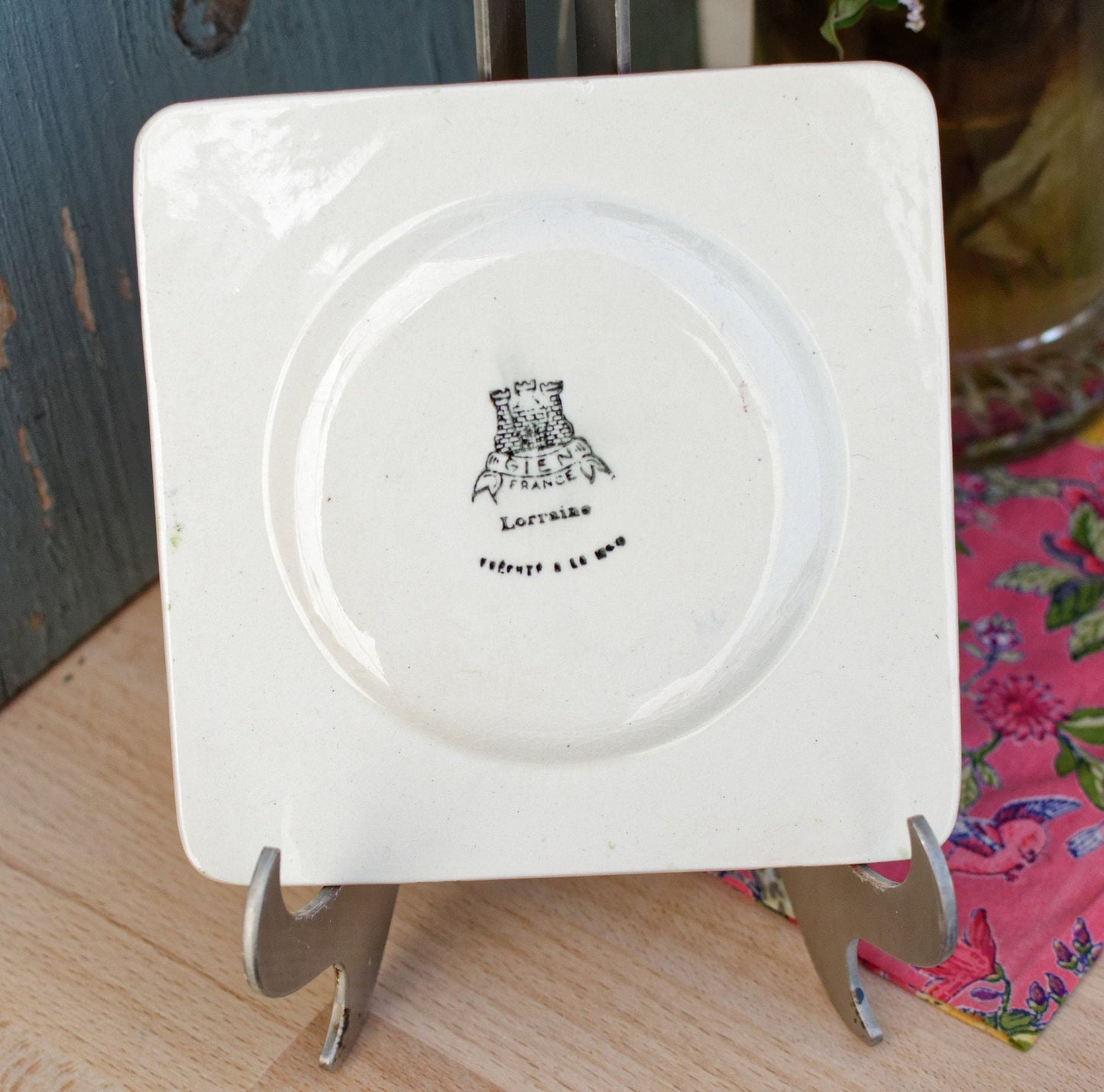 French Ironstone Hand-Painted Square Plate GIEN France Lorraine decor a la main red tulips pattern Terre de Fer