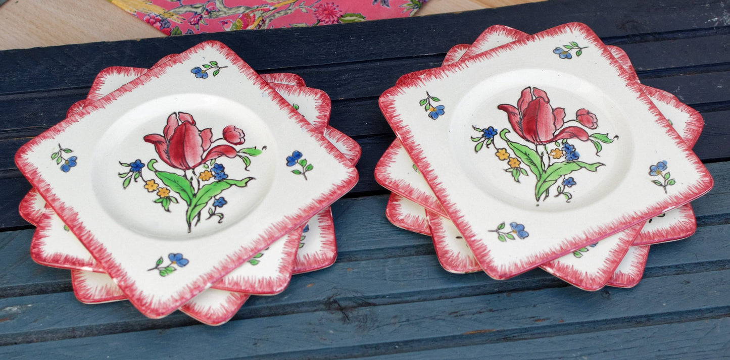 French Ironstone Hand-Painted Square Plate GIEN France Lorraine decor a la main red tulips pattern Terre de Fer
