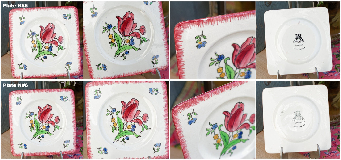 French Ironstone Hand-Painted Square Plate GIEN France Lorraine decor a la main red tulips pattern Terre de Fer