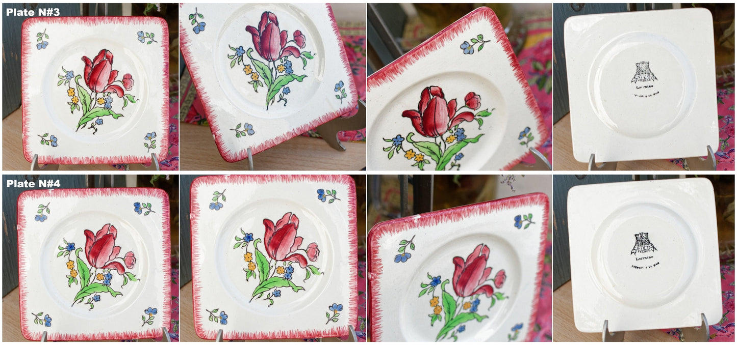 French Ironstone Hand-Painted Square Plate GIEN France Lorraine decor a la main red tulips pattern Terre de Fer