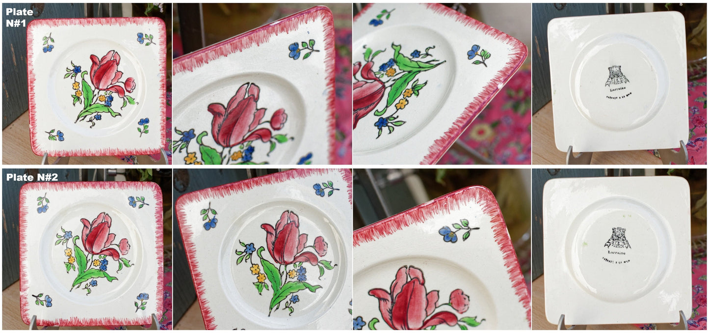 French Ironstone Hand-Painted Square Plate GIEN France Lorraine decor a la main red tulips pattern Terre de Fer