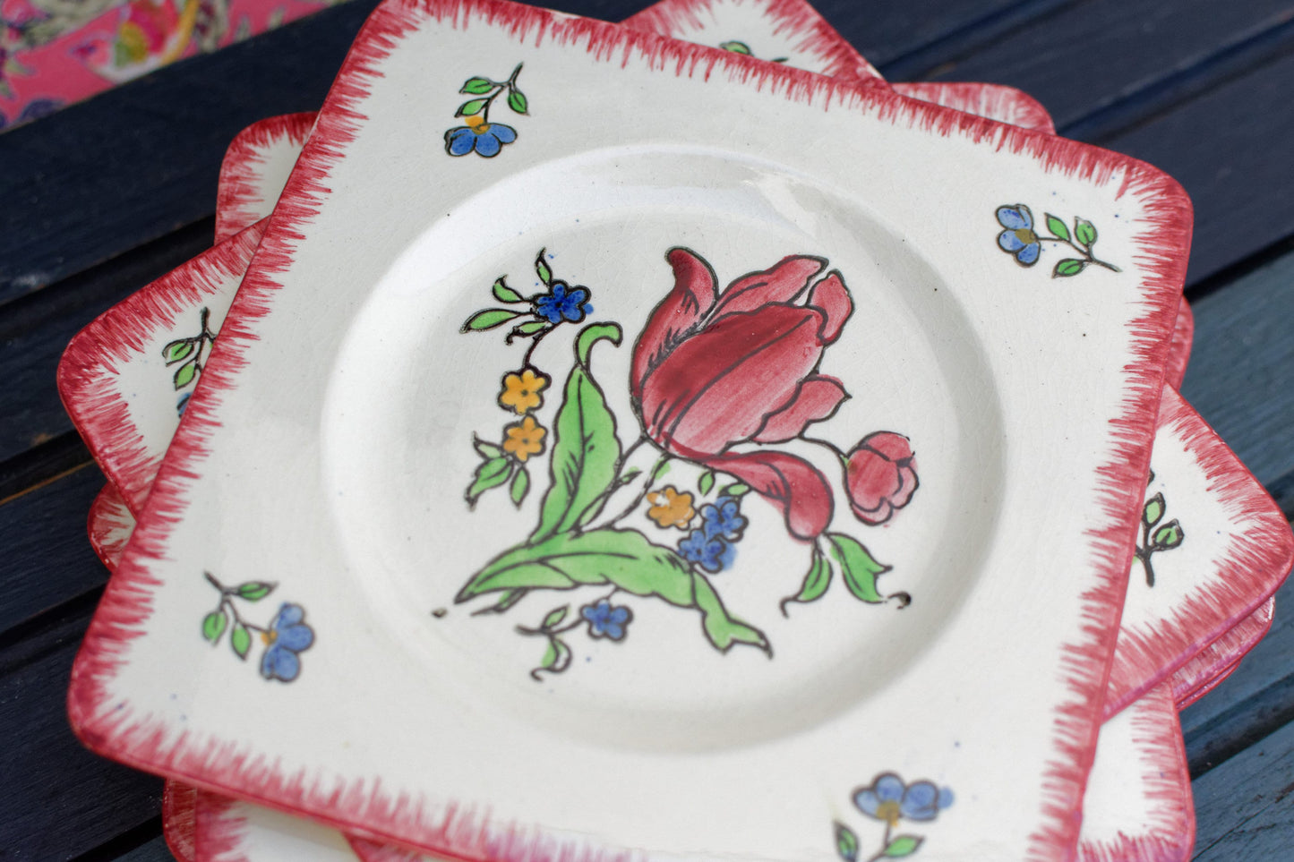 French Ironstone Hand-Painted Square Plate GIEN France Lorraine decor a la main red tulips pattern Terre de Fer