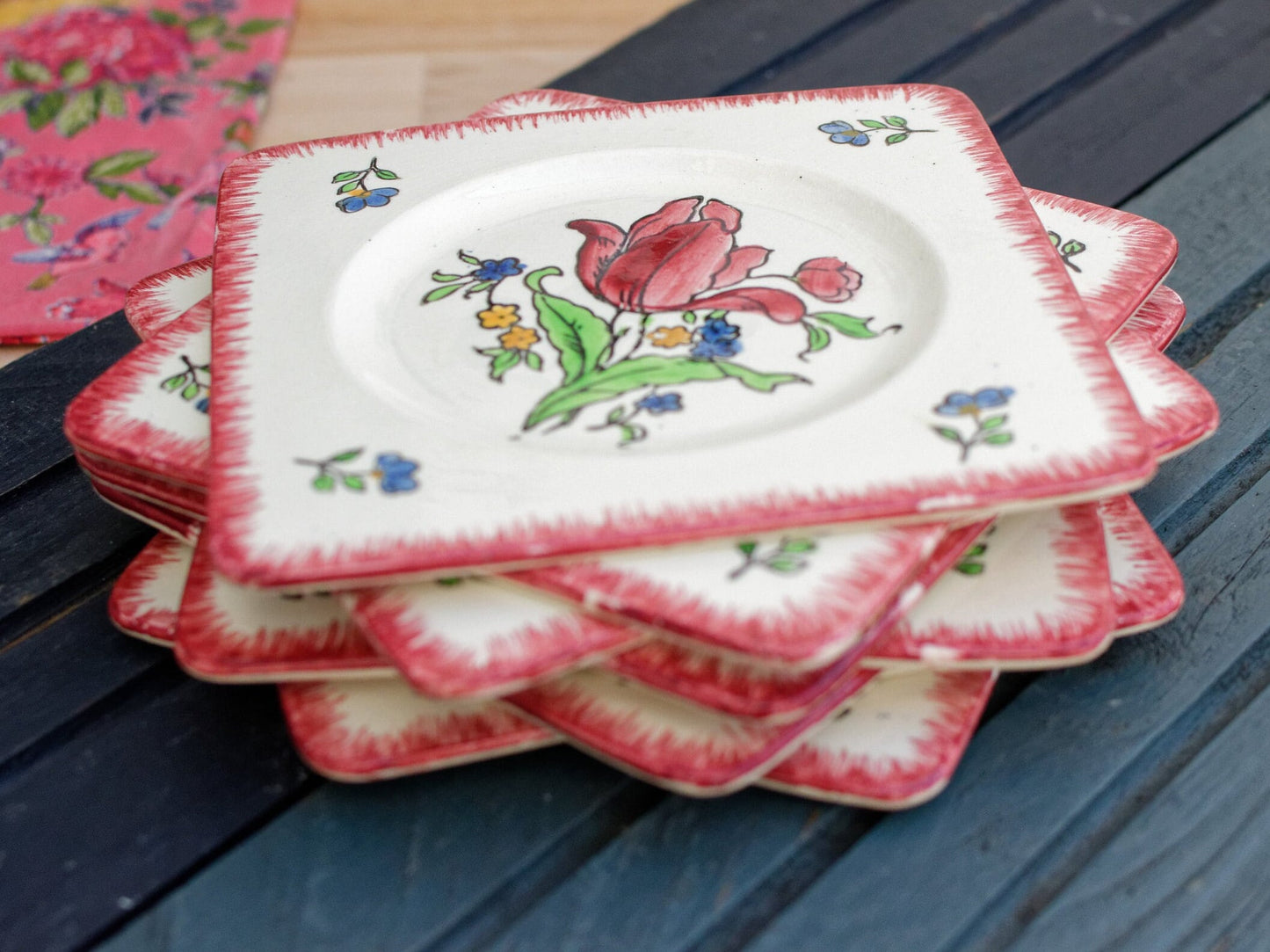 French Ironstone Hand-Painted Square Plate GIEN France Lorraine decor a la main red tulips pattern Terre de Fer