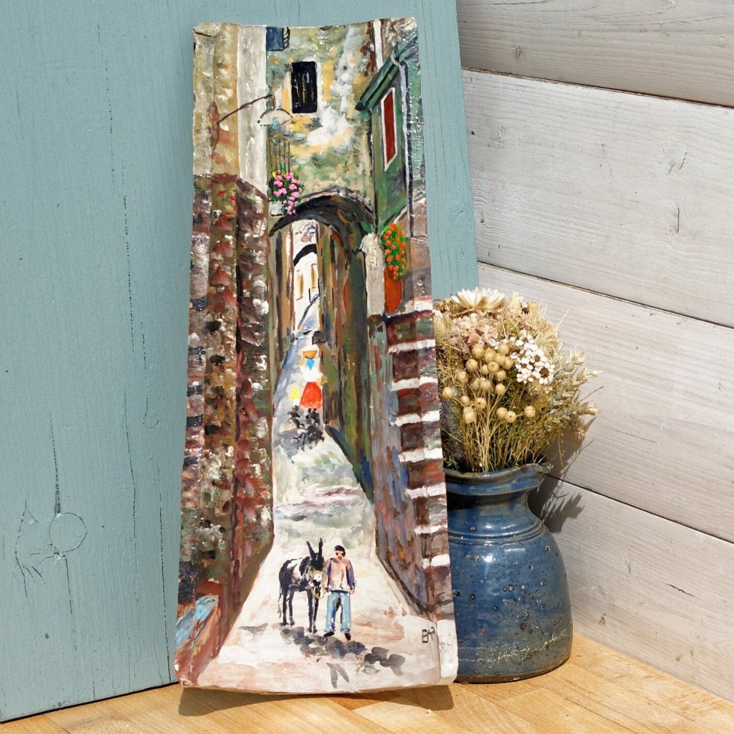 French Vintage Hanging Artwork VALLAURIS Decor Village Scene