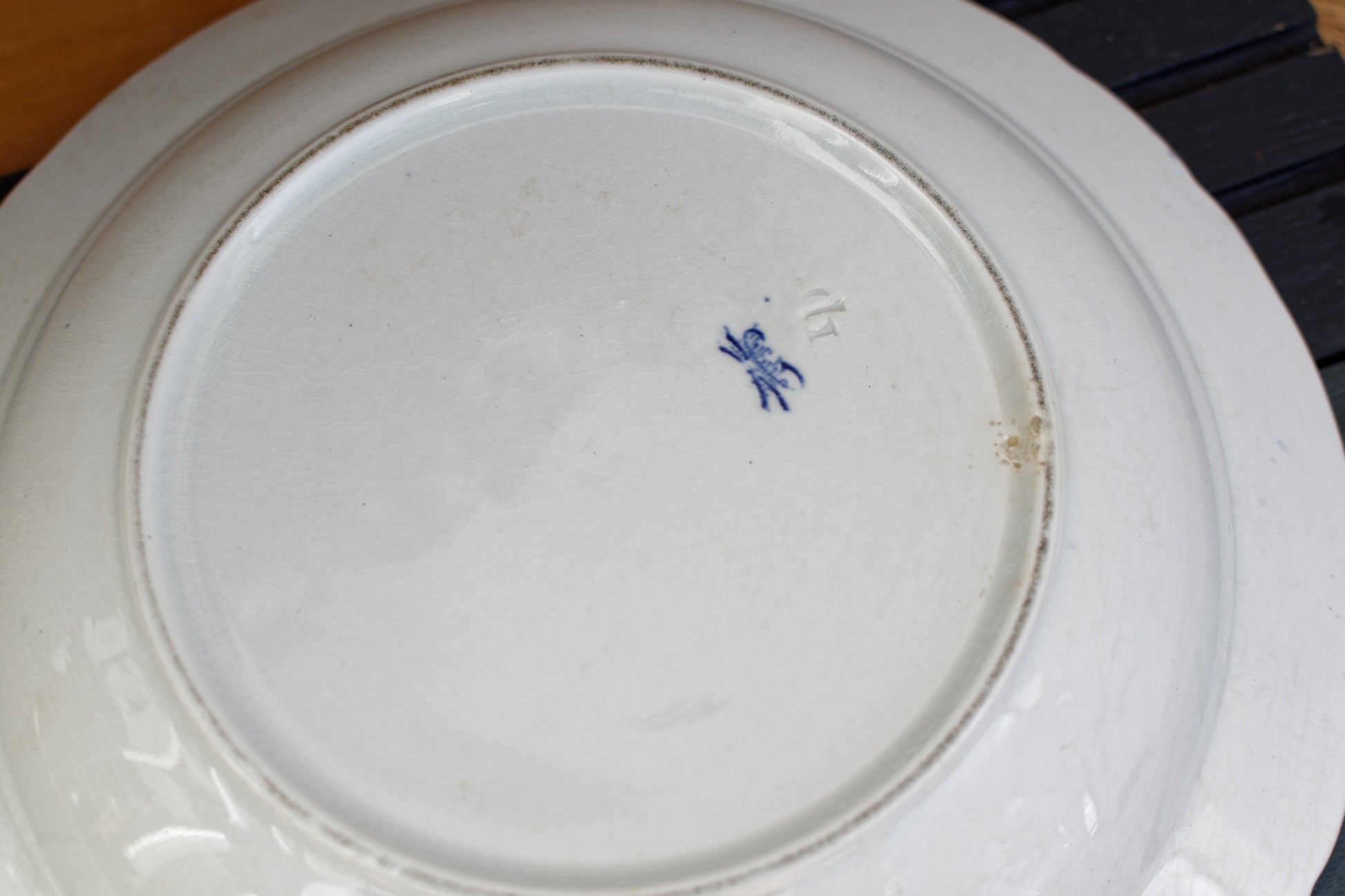 French Antique Ironstone Round Serving Bowl K&G (Keller et Guerin) Luneville Terre de fer en Faience Blue Transferware