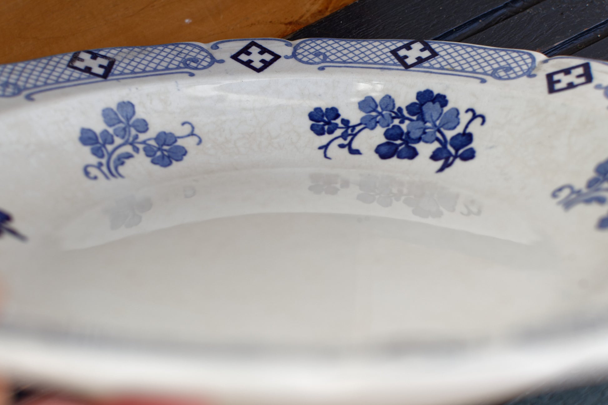 French Antique Ironstone Round Serving Bowl K&G (Keller et Guerin) Luneville Terre de fer en Faience Blue Transferware