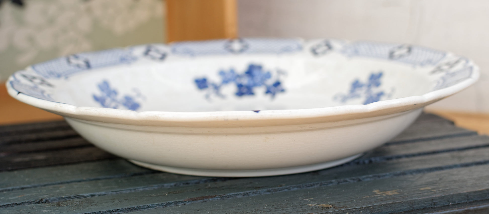 French Antique Ironstone Round Serving Bowl K&G (Keller et Guerin) Luneville Terre de fer en Faience Blue Transferware