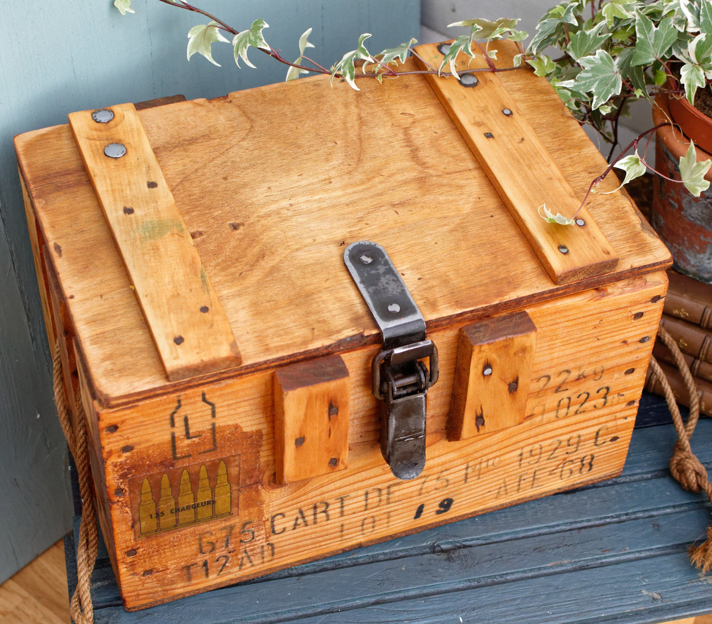 1929 French Antique Wooden Collectible WW Military Cartridge Ammo Crate Box 15 Cartouches 135 Chargeurs