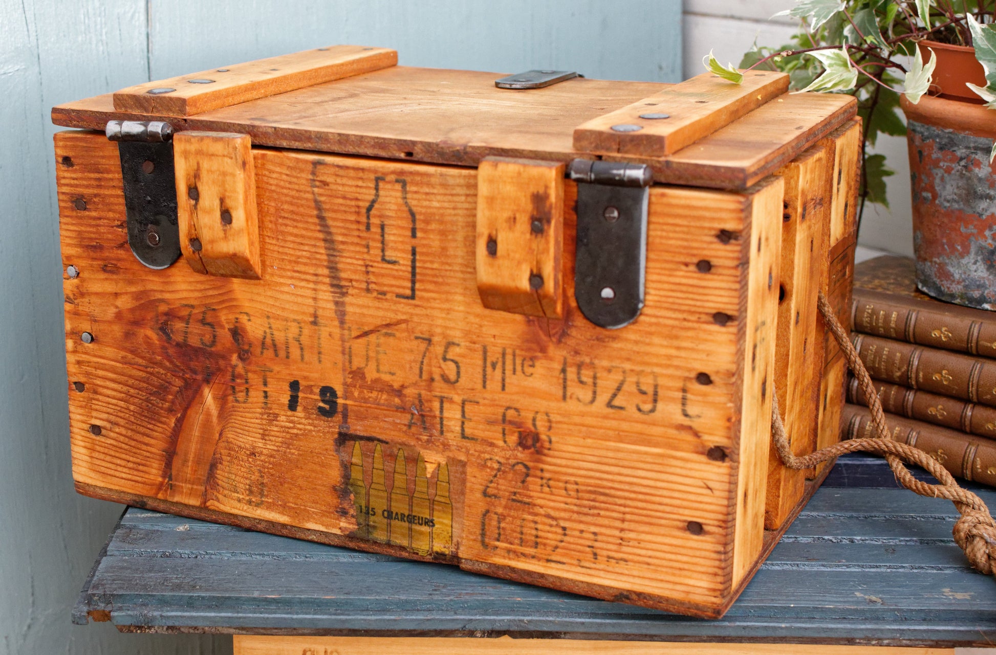 1929 French Antique Wooden Collectible WW Military Cartridge Ammo Crate Box 15 Cartouches 135 Chargeurs