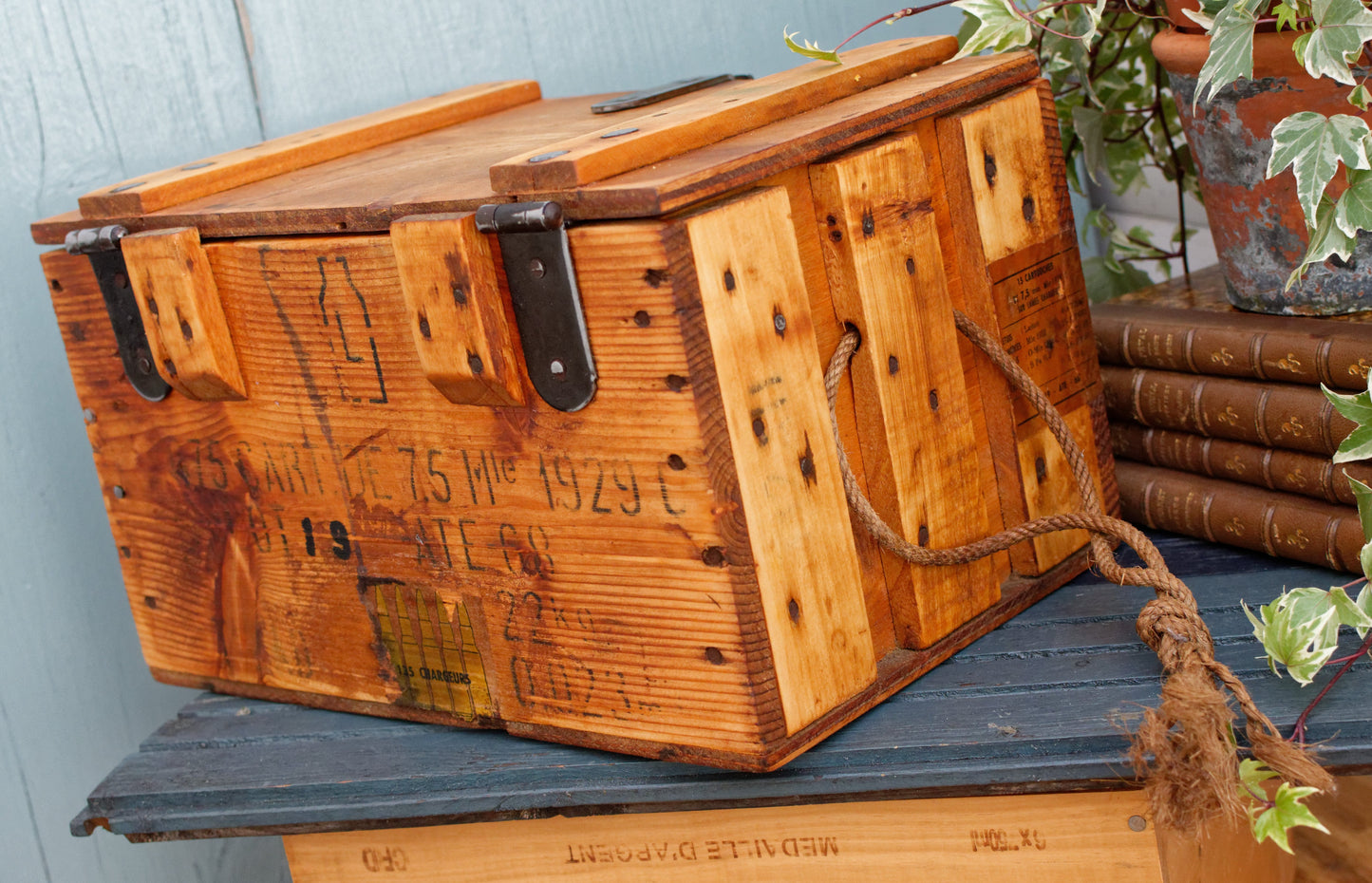 1929 French Antique Wooden Collectible WW Military Cartridge Ammo Crate Box 15 Cartouches 135 Chargeurs