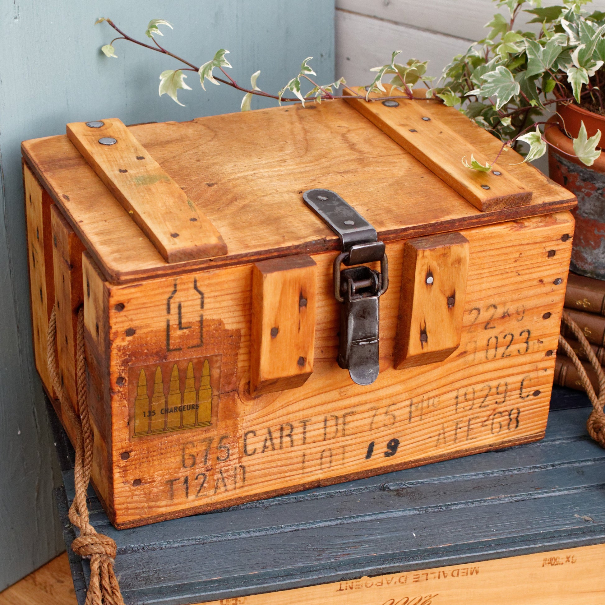 1929 French Antique Wooden Collectible WW Military Cartridge Ammo Crate Box 15 Cartouches 135 Chargeurs