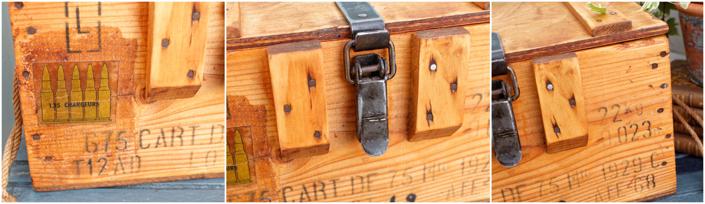 1929 French Antique Wooden Collectible WW Military Cartridge Ammo Crate Box 15 Cartouches 135 Chargeurs