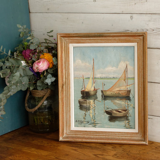 French Vintage Original Framed Oil Painting Signed by Artist E.LEDIEU 1937 Boat Scene "Huile Sur Toile Paysage Marin Bateaux"