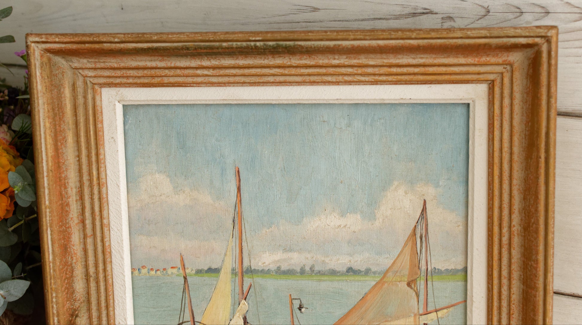 French Vintage Original Framed Oil Painting Signed by Artist E.LEDIEU 1937 Boat Scene "Huile Sur Toile Paysage Marin Bateaux"