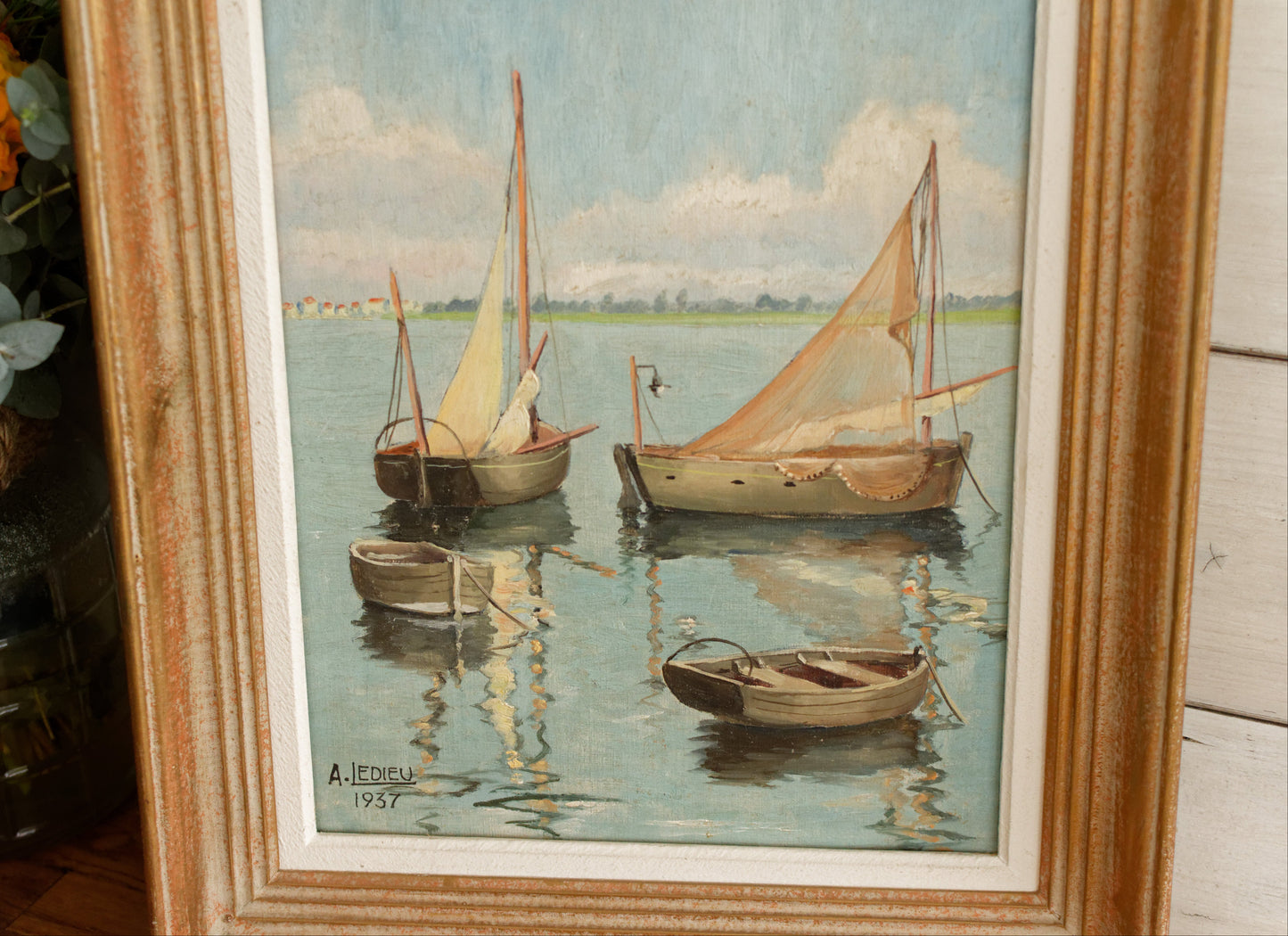French Vintage Original Framed Oil Painting Signed by Artist E.LEDIEU 1937 Boat Scene "Huile Sur Toile Paysage Marin Bateaux"