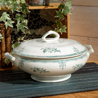 1900s ~ St Amand Ste Des Gds Establissement Ceramiques MADE in France 4003 ~ French Antique Ironstone Green Transferware Soup Tureen "Soupiere" ~ Terre de Fer