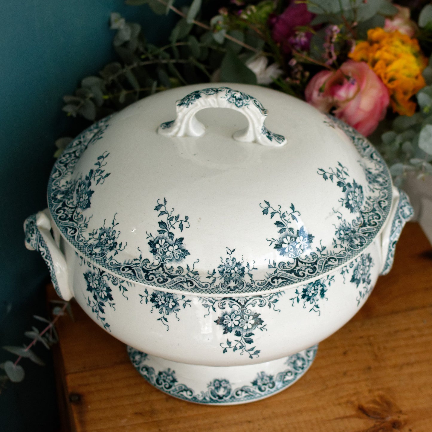 "ACACIA" Motif Moulins des Loups et Hamage Nord French Antique Ironstone Blue Transferware Soup Tureen "Soupiere" Terre de fer en Faience