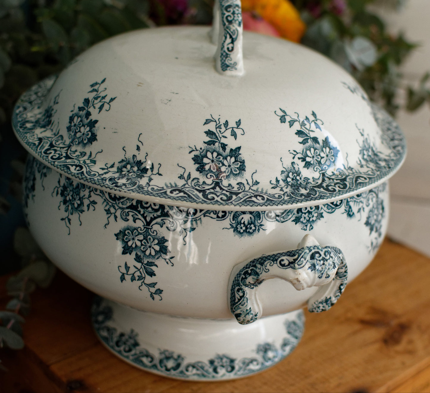 "ACACIA" Motif Moulins des Loups et Hamage Nord French Antique Ironstone Blue Transferware Soup Tureen "Soupiere" Terre de fer en Faience