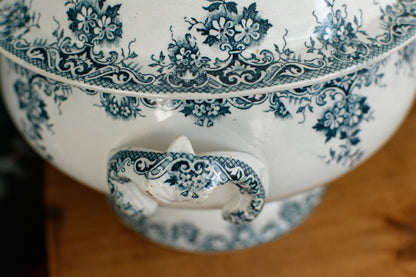 "ACACIA" Motif Moulins des Loups et Hamage Nord French Antique Ironstone Blue Transferware Soup Tureen "Soupiere" Terre de fer en Faience