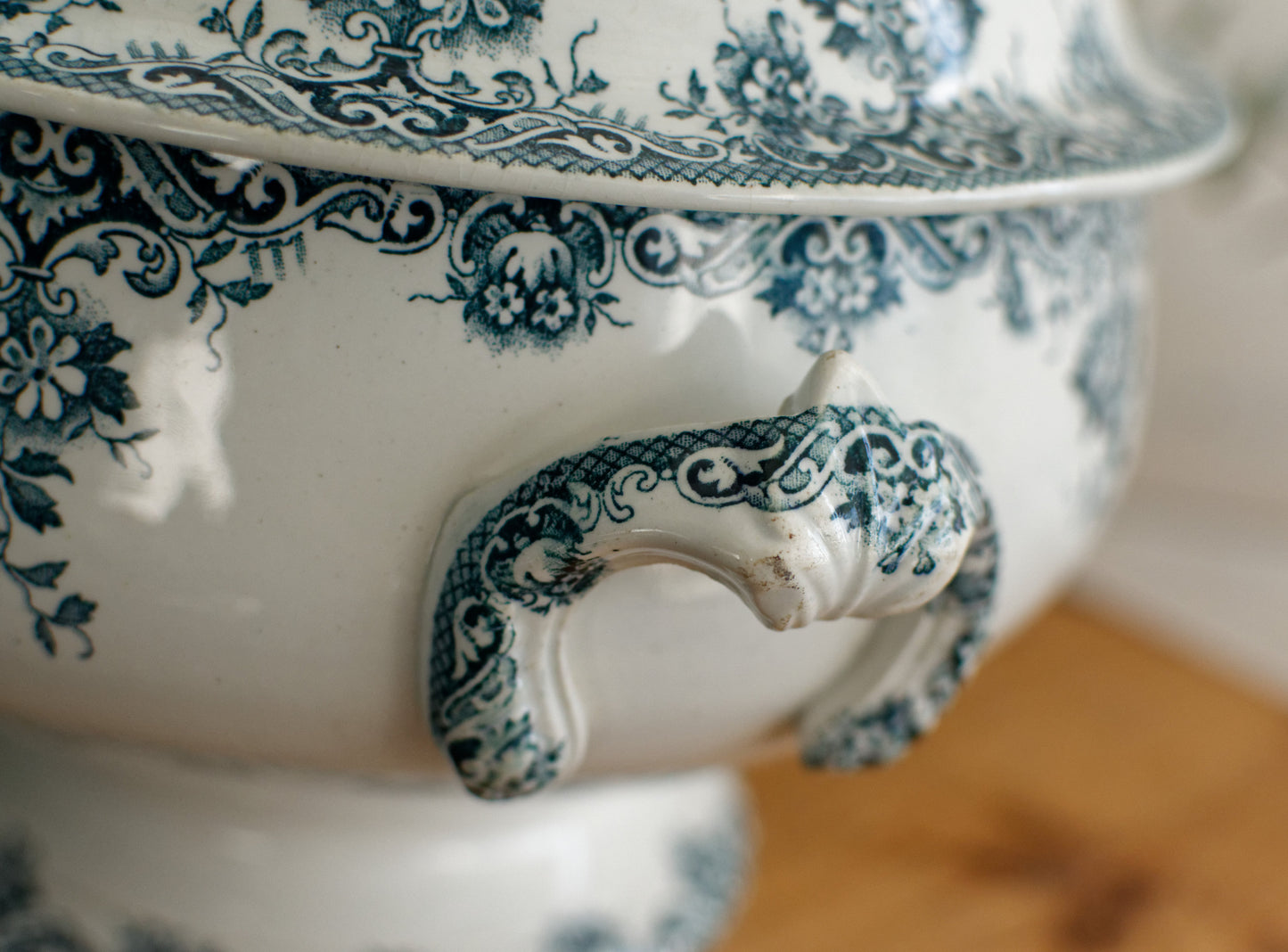 "ACACIA" Motif Moulins des Loups et Hamage Nord French Antique Ironstone Blue Transferware Soup Tureen "Soupiere" Terre de fer en Faience