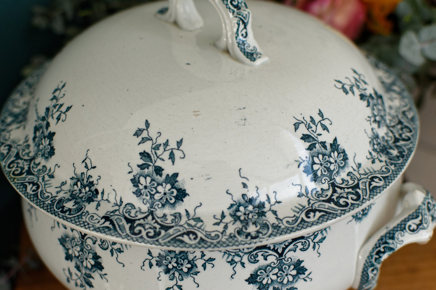 "ACACIA" Motif Moulins des Loups et Hamage Nord French Antique Ironstone Blue Transferware Soup Tureen "Soupiere" Terre de fer en Faience
